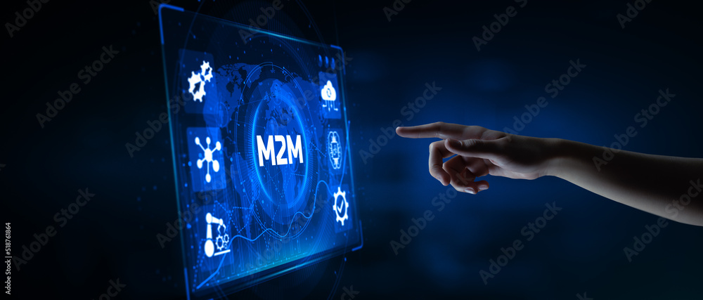 Poster m2m machine-to-machine technology concept. hand pressing button on virtual screen.
