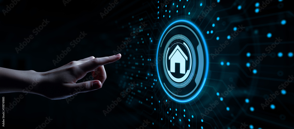 Poster smart home automation wireless control iot internet of things concept. hand pressing button.