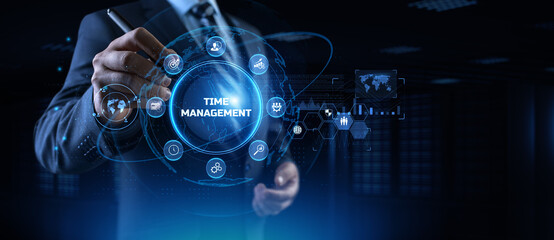 Time management planning productivity business concept. Businessman pressing button.