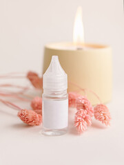 Fragrance for candles and soap in a plastic bottle. Natural. Space for text