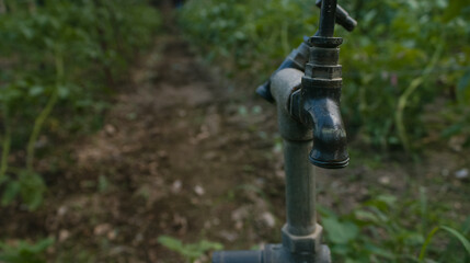 Faucet in green Field. Concept of agriculture or lack of water effect agriculture. 