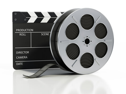 Film slate and film reel isolated on white background. 3D illustration