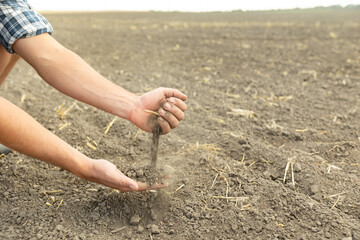 The farmer's hands hold a handful of fertile soil and pour it into the other hand. The concept of...