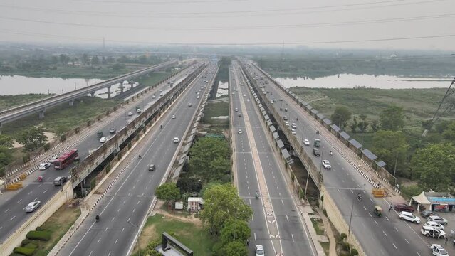 An aerial drone shot of the National Highway 24 in NCR, India
