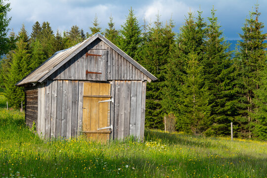 old wooden barn in Carpathian mountains.