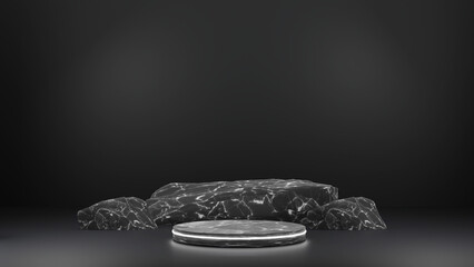 Background products display Luxury podium scene with geometric platform. black background 3d rendering with neon podium stand to show cosmetic products advertising mockup and package presentation ads