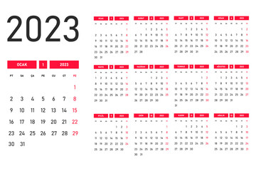 2023 year calendar in Turkish language.
Monday is the beginning of the week.