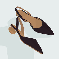 Vector flat image of women's summer shoes with heels with a strap. Burgundy mules with round heels. Design for posters, backgrounds, templates, textiles, banners, cards.