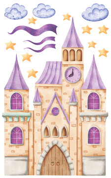 Watercolor clipart castle, palace, children's illustration