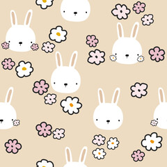 Seamless pattern with white bunny and flowers. Cute childish print. Vector hand drawn illustration.