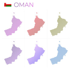 Oman dotted map set. Map of Oman in dotted style. Borders of the country filled with beautiful smooth gradient circles. Powerful vector illustration.