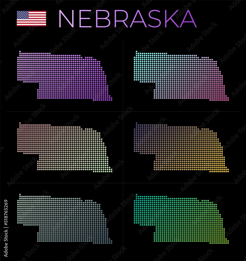 Poster nebraska dotted map set. map of nebraska in dotted style. borders of the us state filled with beauti