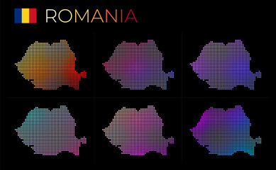 Fototapeta na wymiar Romania dotted map set. Map of Romania in dotted style. Borders of the country filled with beautiful smooth gradient circles. Superb vector illustration.