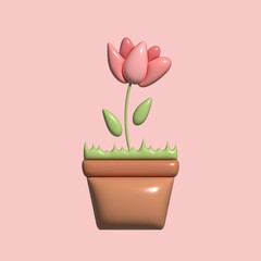 Pink flower in pot isolated on white background. Realistic rose in a pot. Realistic modern minimal design element. 3d illustration on pink background