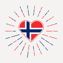 Norway heart with flag of the country. Sunburst around Norway heart sign. Vector illustration.