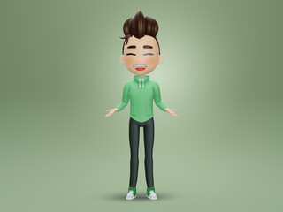 3d render , Little happy boy showing a gesture with two hands at empty copy space white background