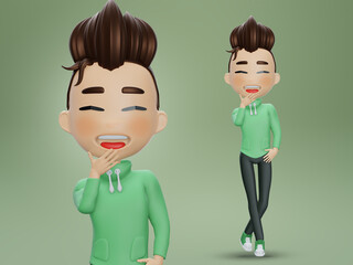 3d render , Tall cute brunette boy in casual fashion clothes green hoodie and black pants 
