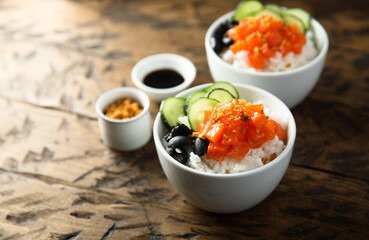 Homemade poke bowl with salmon