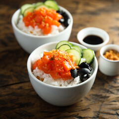 Homemade poke bowl with salmon