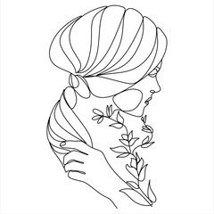 Abstract face with flowers one line vector drawing. Woman with bird. Minimal style portrait. Botanical print. Cosmetics nature symbol. Modern continuous line art. Fashionable print.  