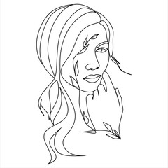 Abstract face with flowers one line vector drawing. Woman with bird. Minimal style portrait. Botanical print. Cosmetics nature symbol. Modern continuous line art. Fashionable print.  