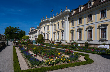 The 18th century Baroque Residenzschloss Ludwigsburg, inspired by Versailles Palace. View of the new main building from the south. Baden Wuerttemberg, Germany, Europe