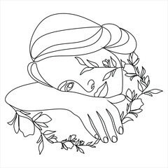 Woman face with flowers Line art. Elegant Feminine Beauty Logo. Abstract face with plants by one line drawing. Portrait minimalistic style. Botanical print. Nature symbol of cosmetics.