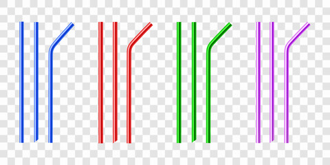 Set of multicolored reusable metal drinking straws. Realistic vector illustration isolated on transparent background.