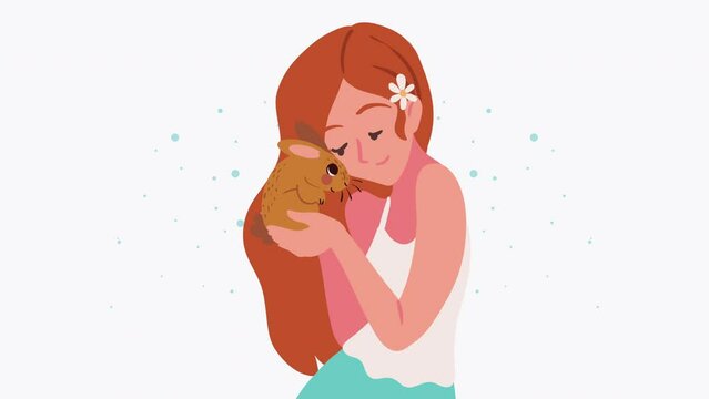 woman hugging rabbit character animation