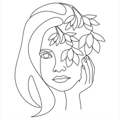 Woman face with flowers Line art. Elegant Feminine Beauty Logo. Abstract face with plants by one line drawing. Portrait minimalistic style. Botanical print. Nature symbol of cosmetics.