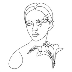 Woman face with flowers Line art. Elegant Feminine Beauty Logo. Abstract face with plants by one line drawing. Portrait minimalistic style. Botanical print. Nature symbol of cosmetics.