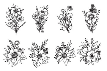 Set of floral arrangement and bouquet doodle line art