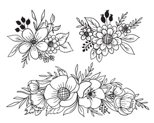 beauty flower and leaves line art collection