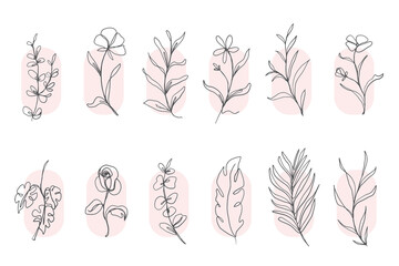 Set of botanical leaf and floral abstract doodle single line art