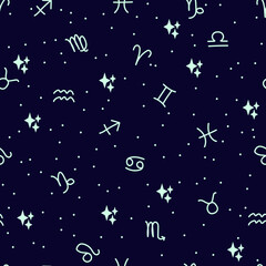 Vector seamless pattern with glowing zodiac signs, small stars on a dark blue background. For printing,packaging,textiles,children's design,wallpaper, web design. Astrological hand-drawn template