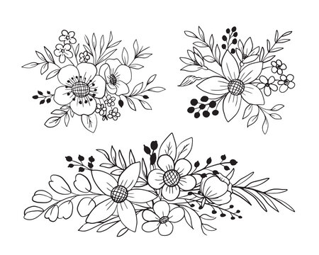 Set of floral arrangement flower and leaves line art collection