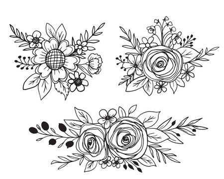 Set of spring flower and leaves line art collection