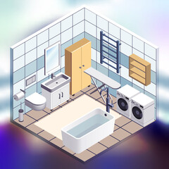 Bathroom interior isometric illustration on colorful bright gradient background