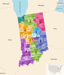 Indiana's congressional districts (2013-2023) vector map with neighbouring states and terrotories