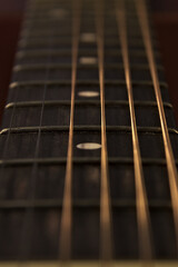 The neck of an acoustic six-string guitar. Close up. Vertical.