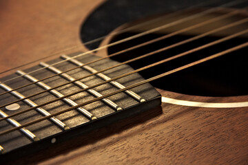 Detail of an acoustic guitar. Close up.