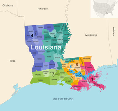 Louisiana's congressional districts (2013-2023) vector map with neighbouring states and terrotories