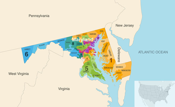 Maryland's congressional districts (2013-2023) vector map with neighbouring states and terrotories