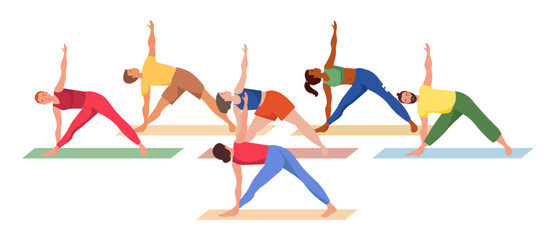 Group of active people exercising together at gym. Men and women standing in asana during yoga fitness class with coach or teacher. Sport training concept. Colored flat vector isolated illustration 