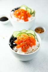 Homemade poke bowl with salmon