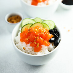 Homemade poke bowl with salmon