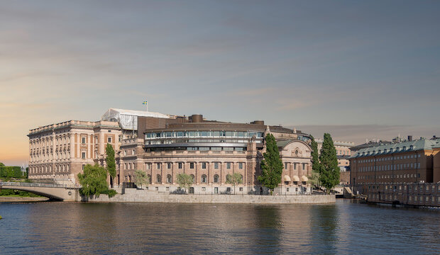 Riksdagshuset, the Swedish Parliament House, located on the island of Helgeandsholmen, Old town, or Gamla Stan, Stockholm, Sweden, in a summer day