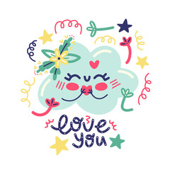 Delicate vector kawaii poster with a cute little cloud. Cartoon pastel stickers with love lettering, flowers, stars and swirls for kids, kids, printing, typography, textiles, logo, decor, gifts