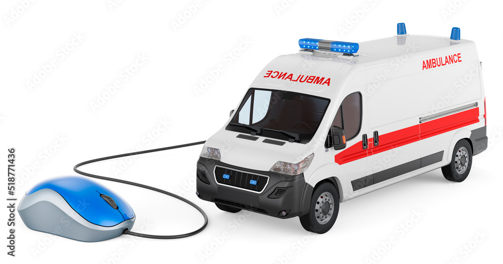 Poster ambulance van with computer mouse, 3d rendering