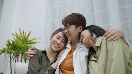 Holiday concept of 4k Resolution. Asian women embracing each other in the house. Young women are in...